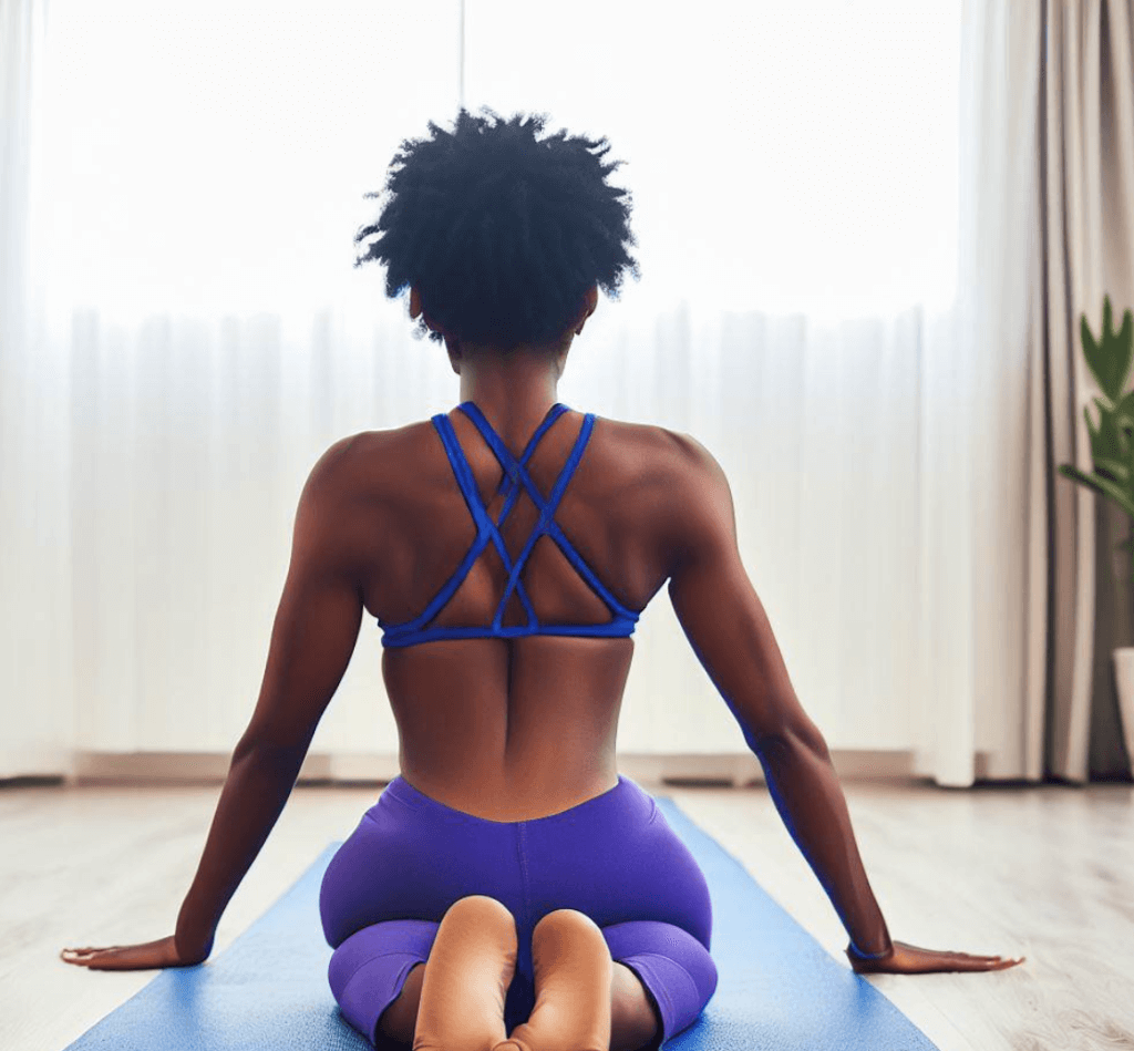 Uma mulher pratica asana, um dos oito movimento da raja yoga