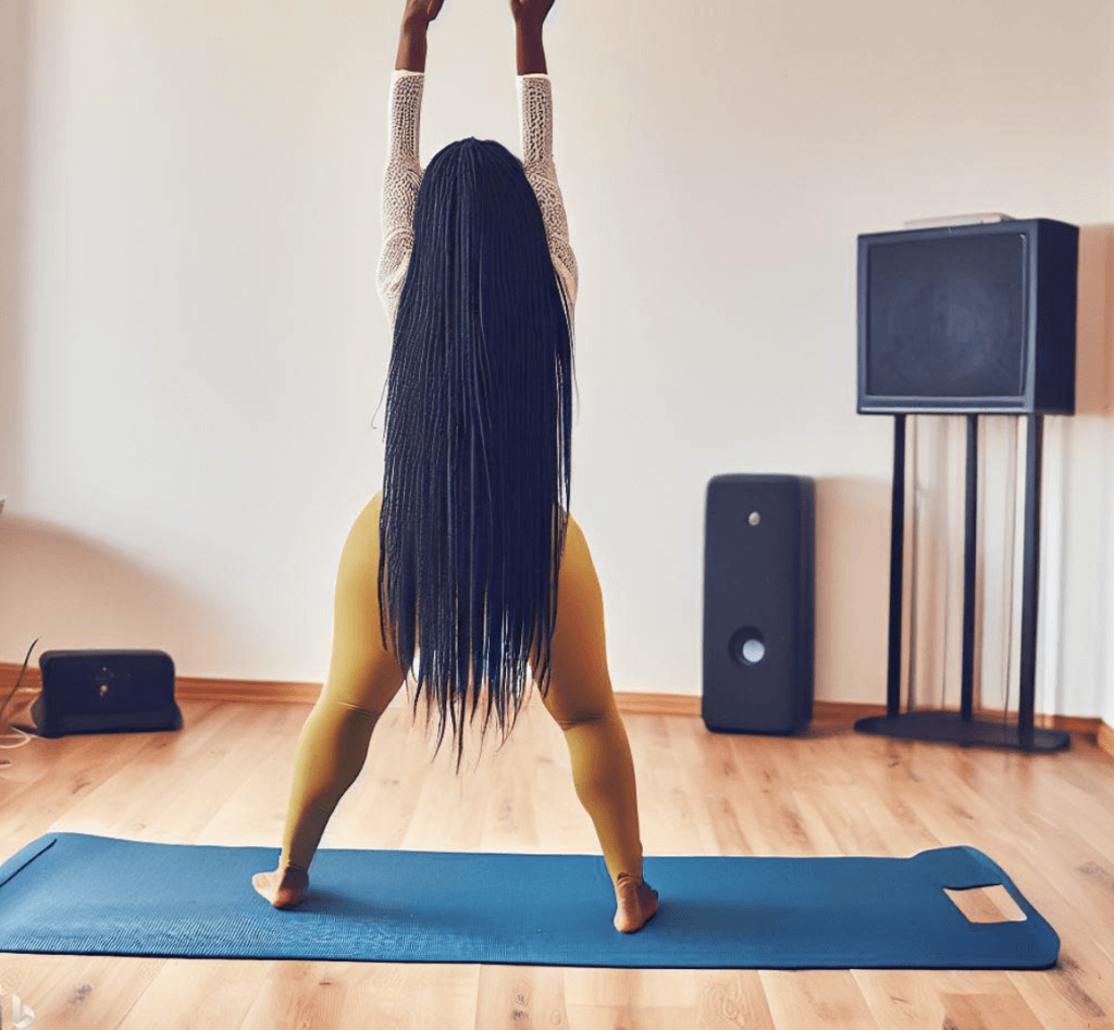 Uma mulher pratica a biodança, uma atividade de yoga com música e movimento